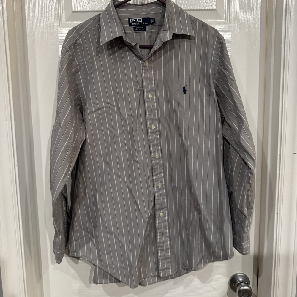 Polo Ralph Lauren Andrew Button Up Shirt Men's 16-34/35 Gray Striped Long Sleeve